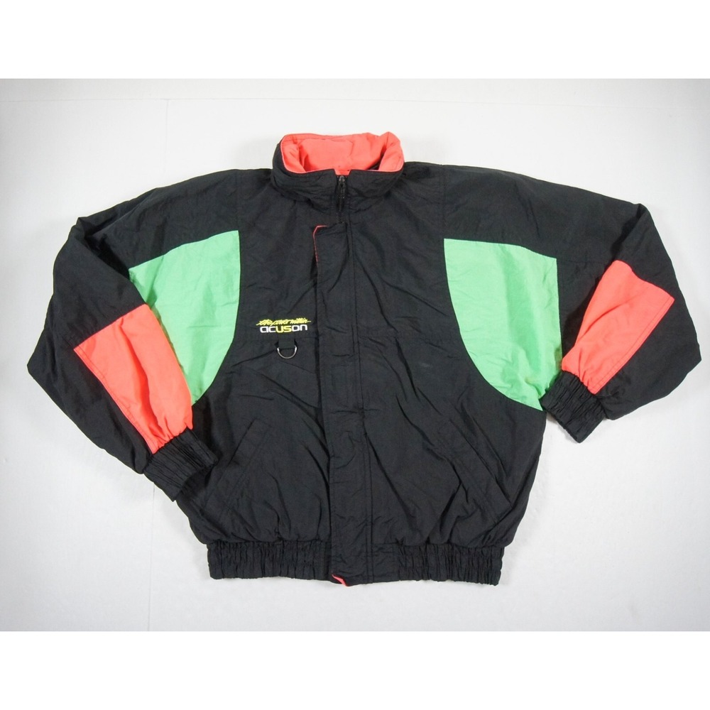 Vintage Style Auto Racing Jacket Mens Medium Black Windbreaker Full Zip 90s